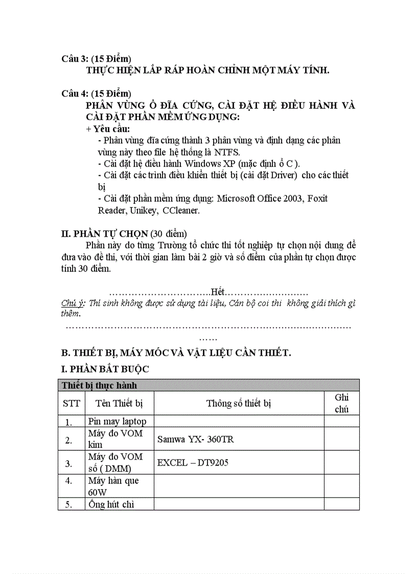 Đề thi tốt nghiệp cao đẳng nghề khóa 2 2008 2011 Kĩ thuật sửa chữa lắp ráp máy tính có đáp án 29 1