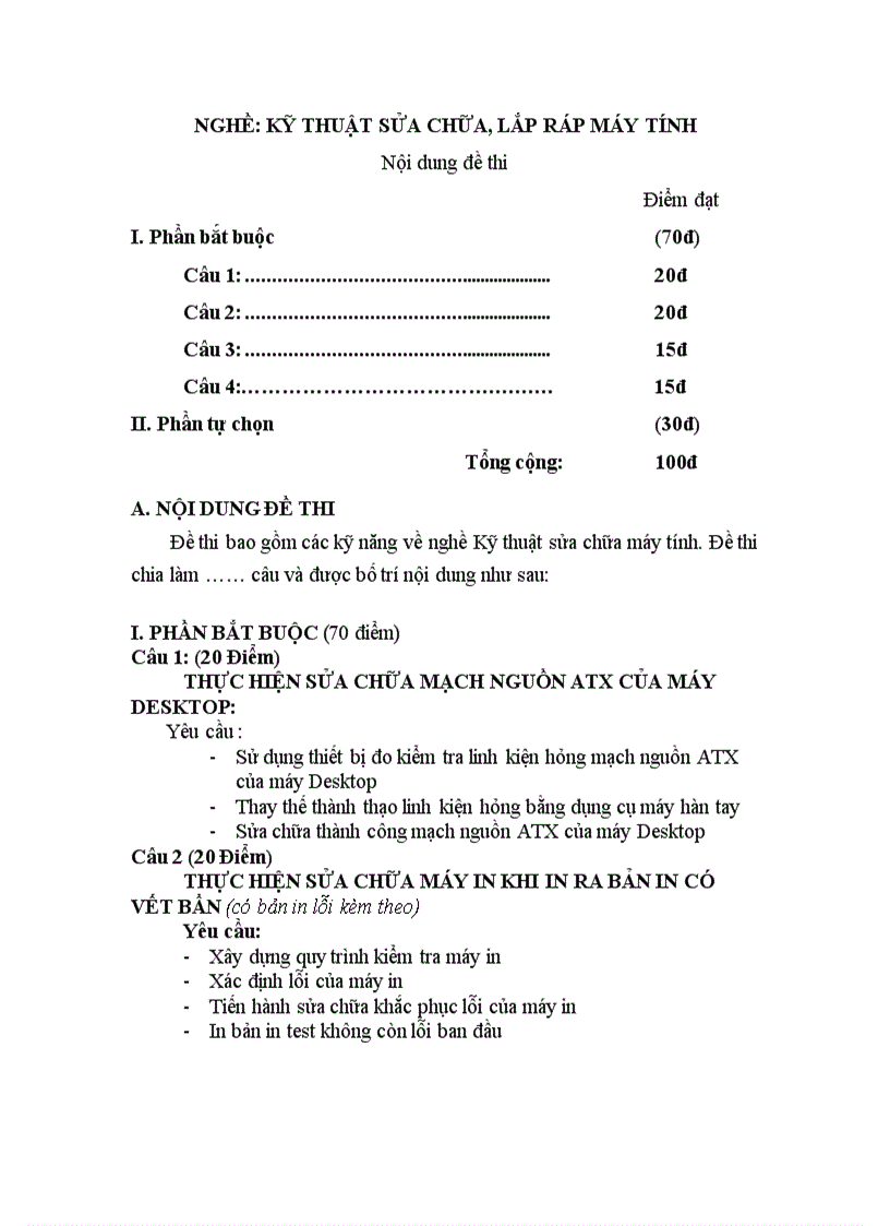 Đề thi tốt nghiệp cao đẳng nghề khóa 2 2008 2011 Kĩ thuật sửa chữa lắp ráp máy tính có đáp án 36