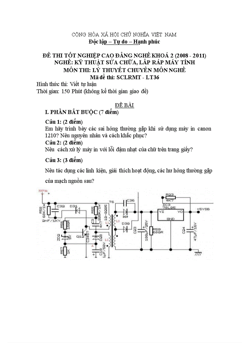 Đề thi tốt nghiệp cao đẳng nghề khóa 2 2008 2011 Kĩ thuật sửa chữa lắp ráp máy tính có đáp án 36 1