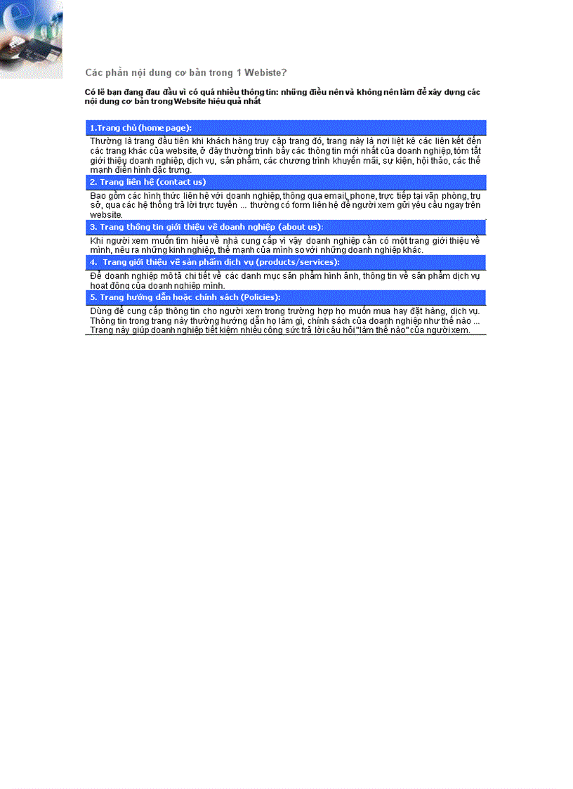 image for page Các phần nội dung cơ bản trong 1 website 1