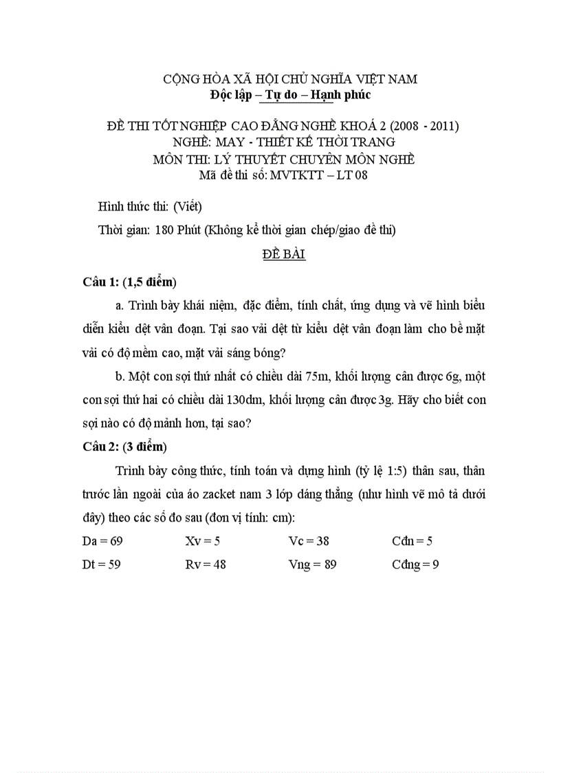 Đề thi tốt nghiệp cao đẳng nghề khóa 2 2008 2011 Thiết kế thời trang Lí thuyết thực hành Hướng dẫn giải 08 1