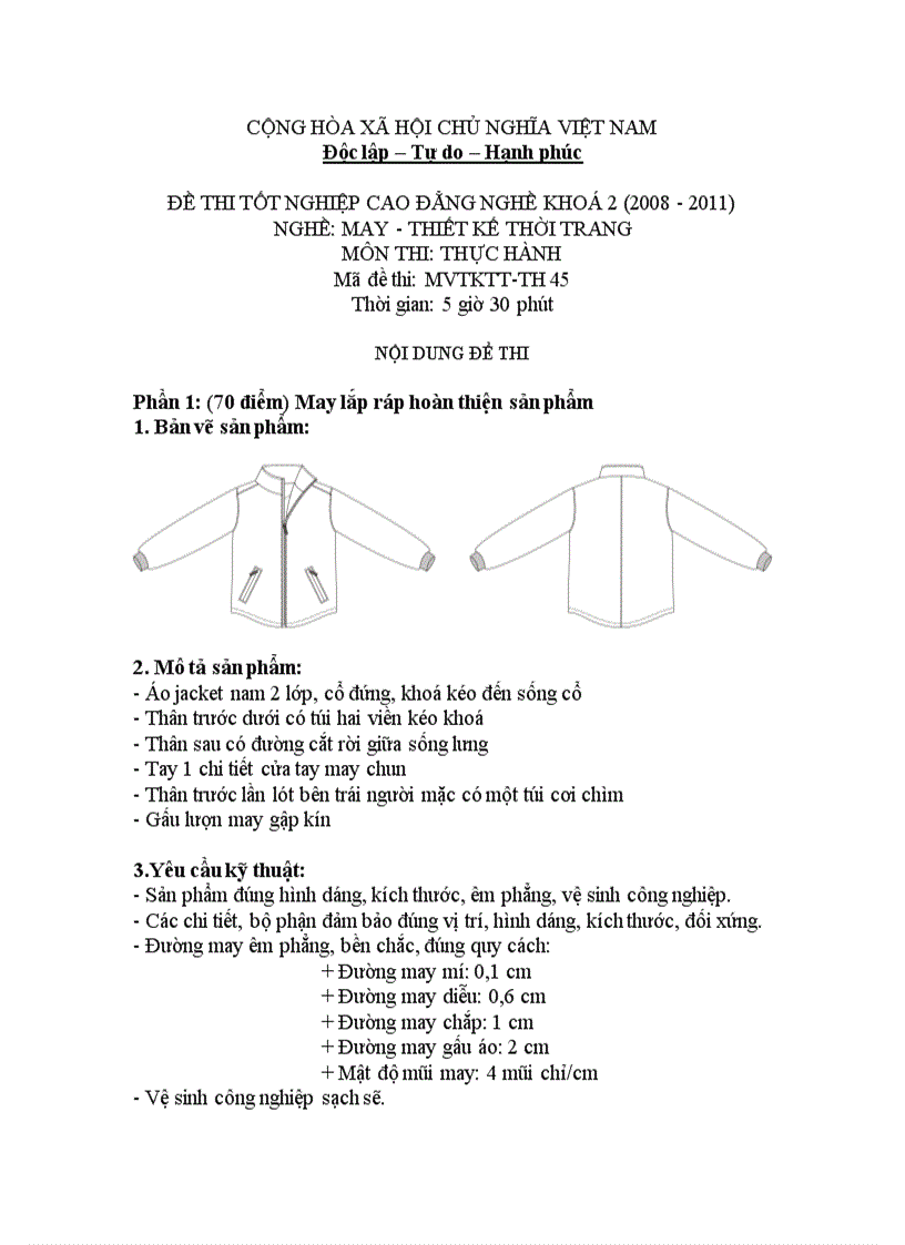 Đề thi tốt nghiệp cao đẳng nghề khóa 2 2008 2011 May thiết kế thời trang Lí thuyết thực hành Hướng dẫn giải 45 2