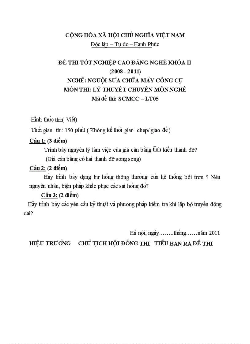 Đề thi tốt nghiệp cao đẳng nghề khóa 2 2008 2011 Nguôi sửa chữa máy công cụ Lí thuyết Tình huống hướng dẫn giải 03 2