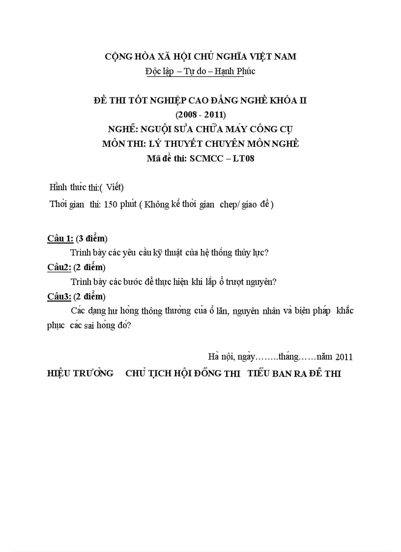 Đề thi tốt nghiệp cao đẳng nghề khóa 2 2008 2011 Nguôi sửa chữa máy công cụ Lí thuyết Tình huống hướng dẫn giải 08 2