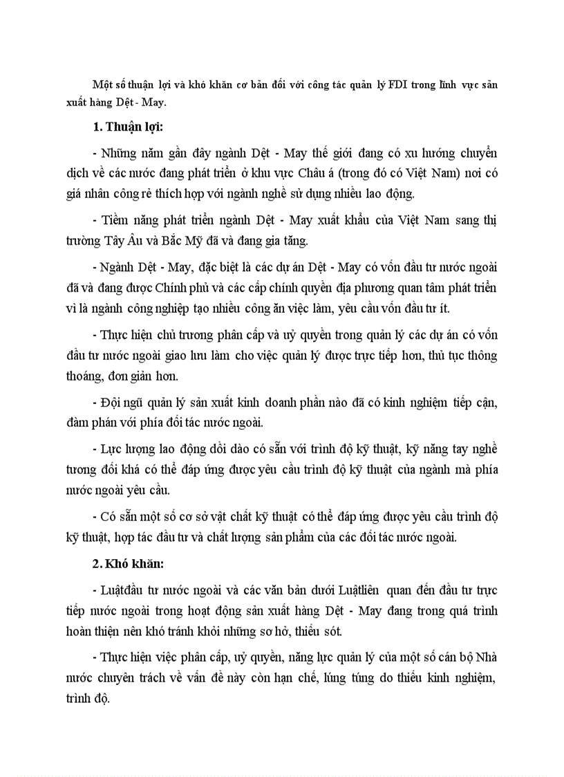 Một số thuận lợi và khó khăn cơ bản đối với công tác quản lý FDI trong lĩnh vực sản xuất hàng Dệt May