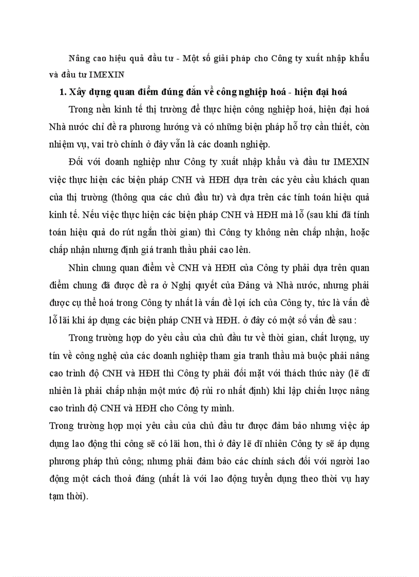 Nâng cao hiệu quả đầu tư Một số giải pháp cho Công ty xuất nhập khẩu và đầu tư IMEXIN