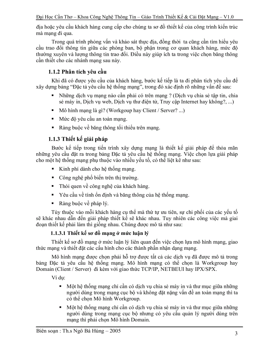 Các vấn đề về thiết kế và cài đặt mạng