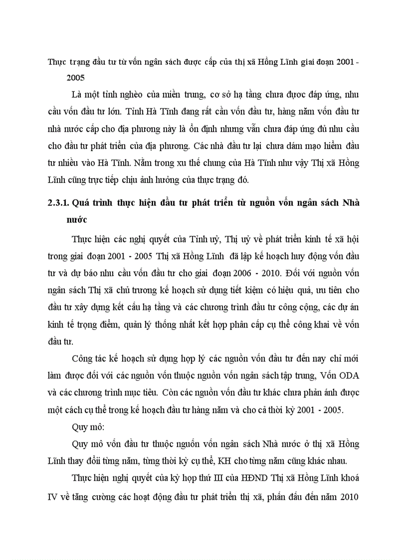 image for page Thực trạng đầu tư từ vốn ngân sách được cấp của thị xã Hồng Lĩnh giai đoạn 2001 2005