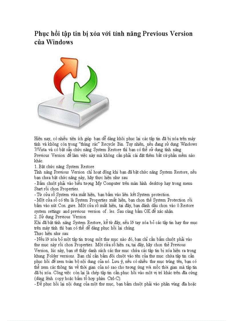 image for page Phục hồi tập tin bị xóa với tính năng Previous Version của Windows