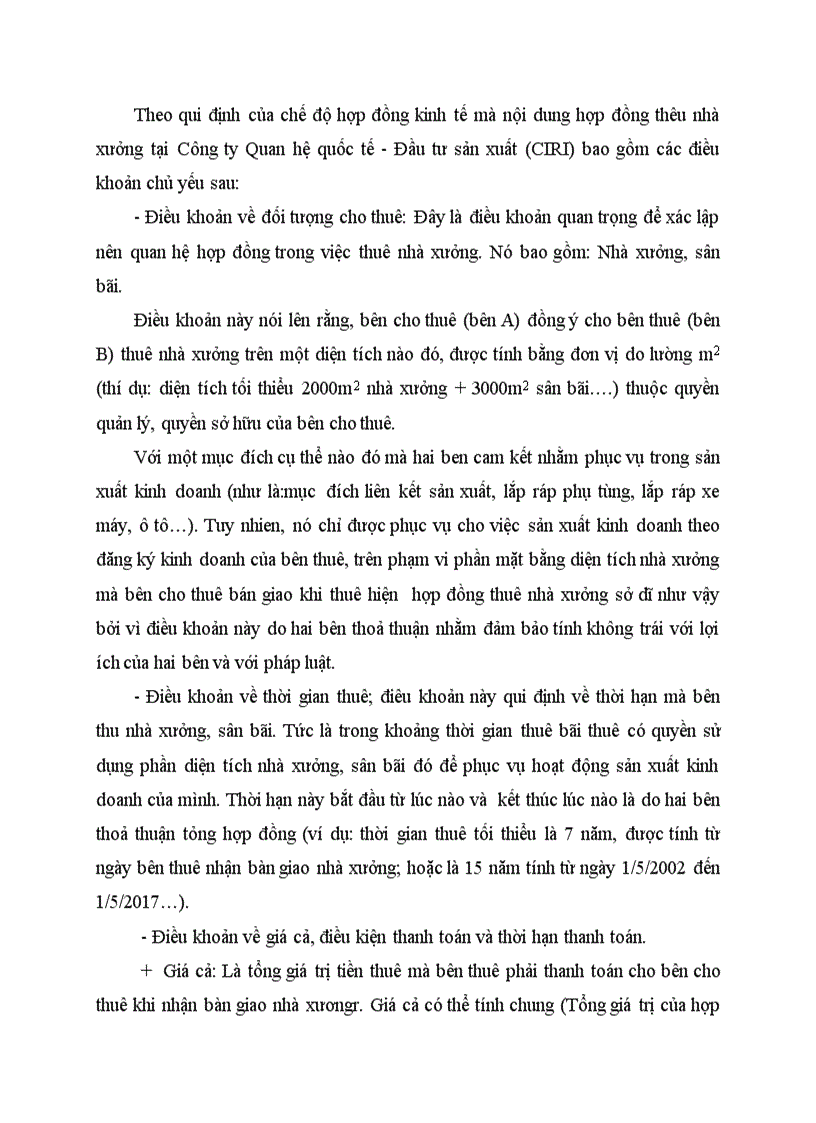 Thực tiễn ký kết và thực hiện hợp đồng kinh tế về việc thuê nhà xưởng tại Công ty Quan hệ quốc tế Đầu tư sản xuất CIRI