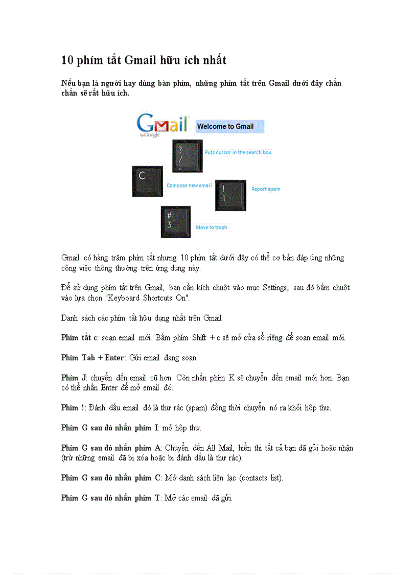 10 phím tắt Gmail hữu ích nhất