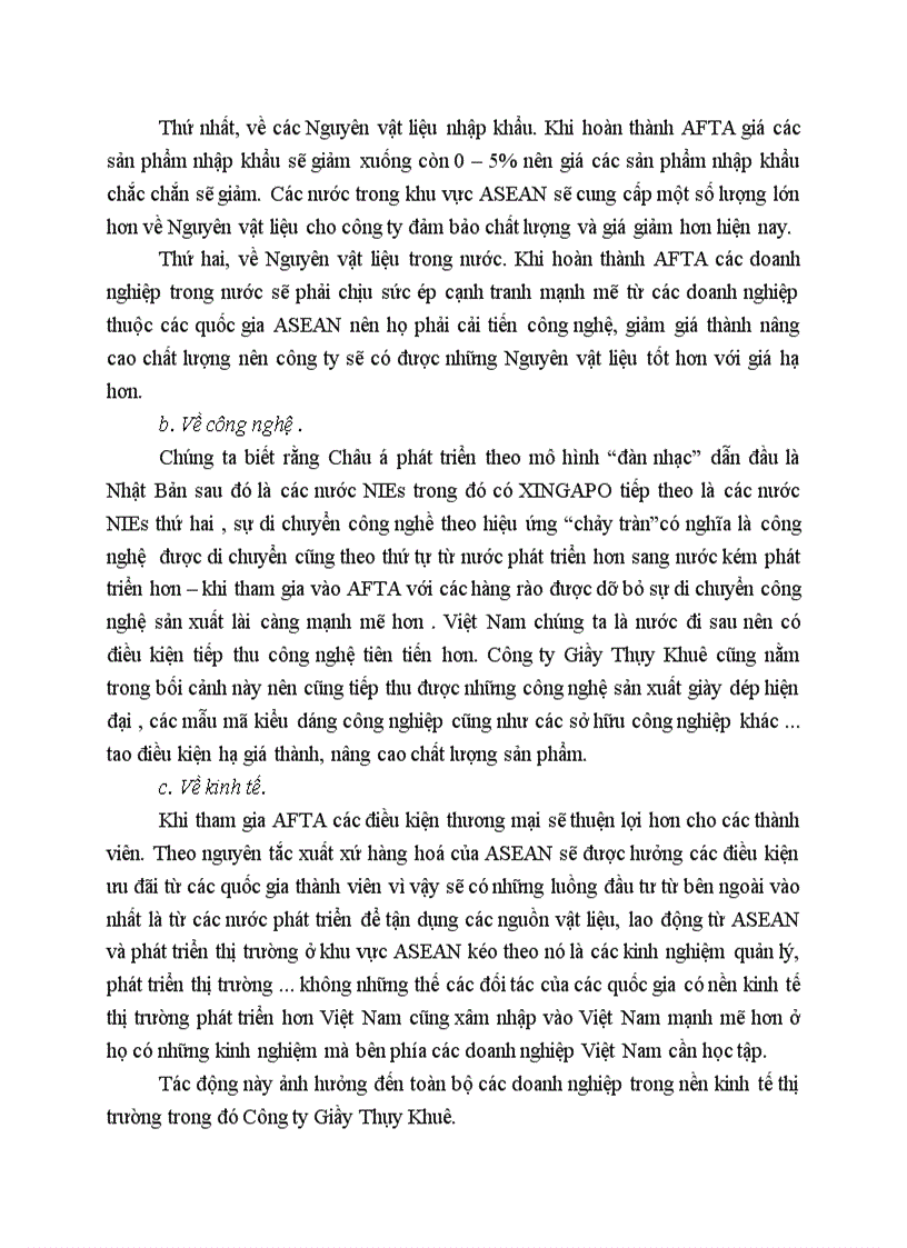 Tác động của hội nhập AFTA đối với các doanh nghiệp Việt Nam và đối với công ty giày dép thuỵ khuê