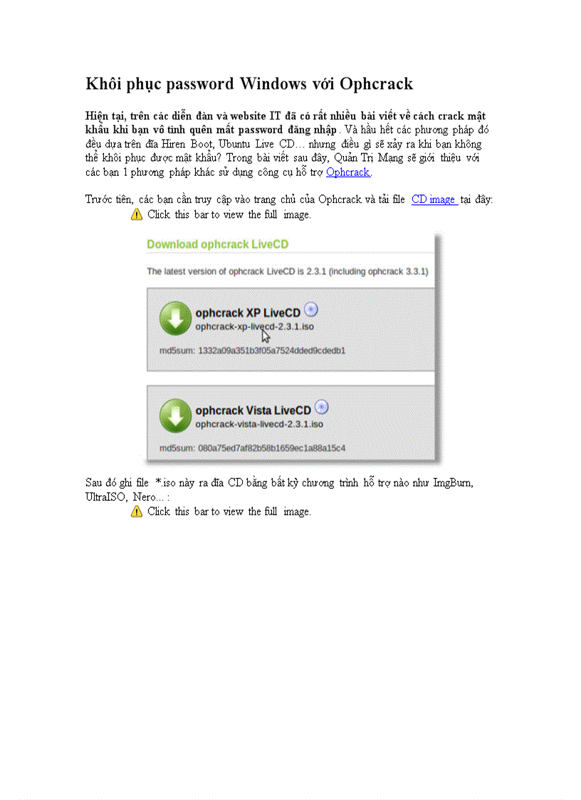 image for page Khôi phục password Windows với Ophcrack