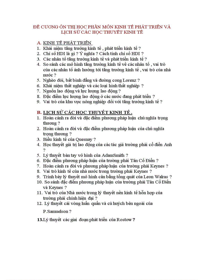 image for page Đề cương ôn thi học phần môn kinh tế phát triển và lịch sử các học thuyết kinh tế