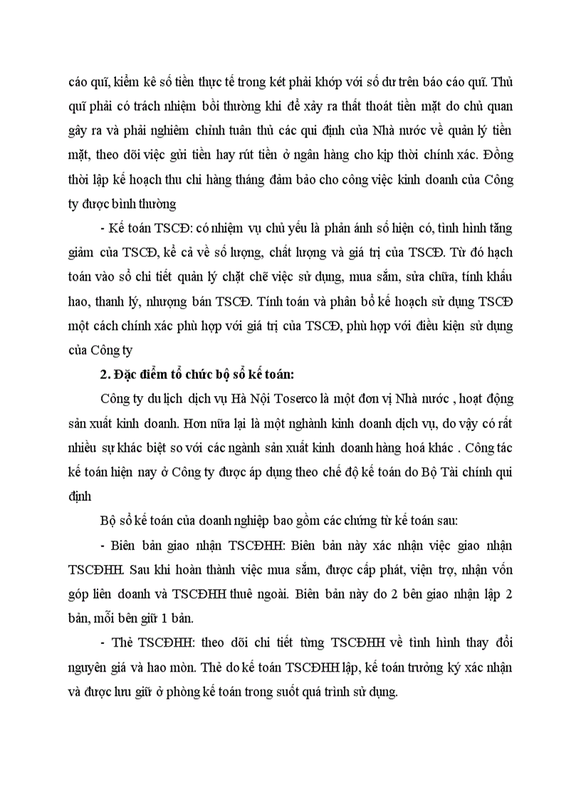 Đặc điểm tổ chức bộ máy kế toán và bộ sổ kế toán tại Công ty du lịch dịch vụ Hà Nội Toserco