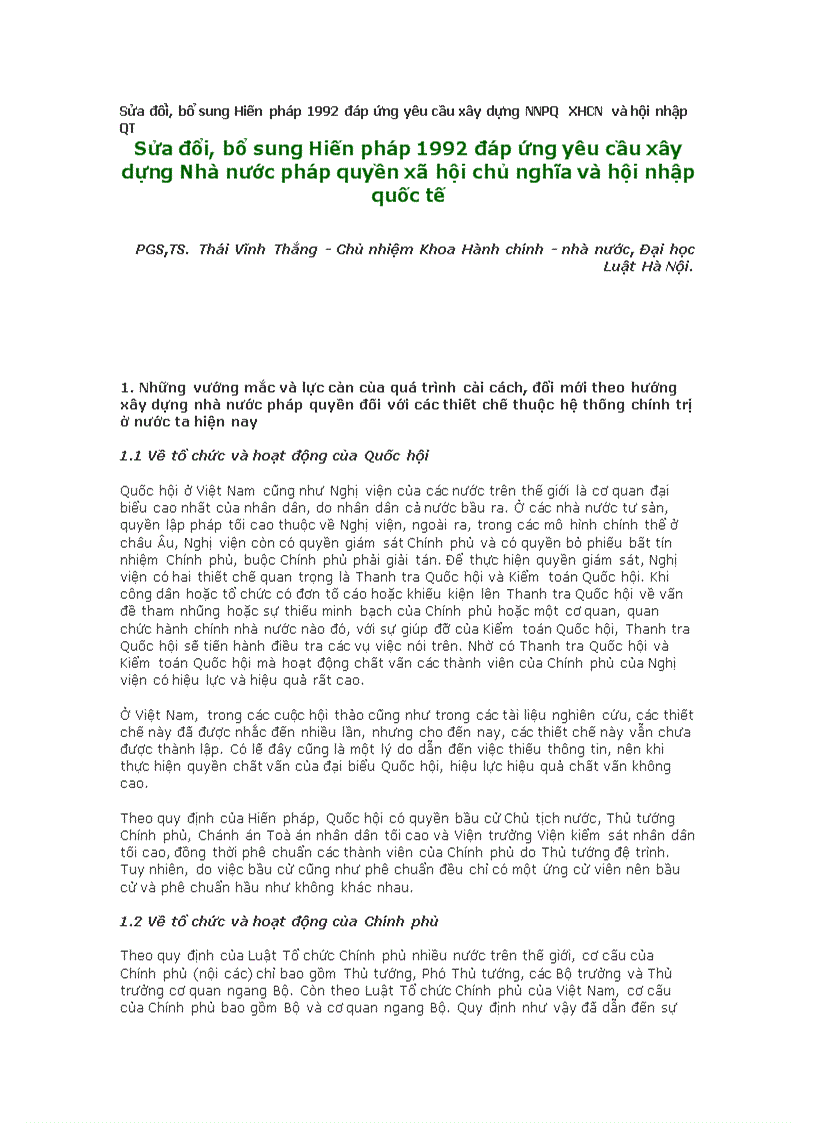 image for page Sửa đổi bổ sung Hiến pháp 1992 đáp ứng yêu cầu xây dựng NNPQ XHCN và hội nhập QT