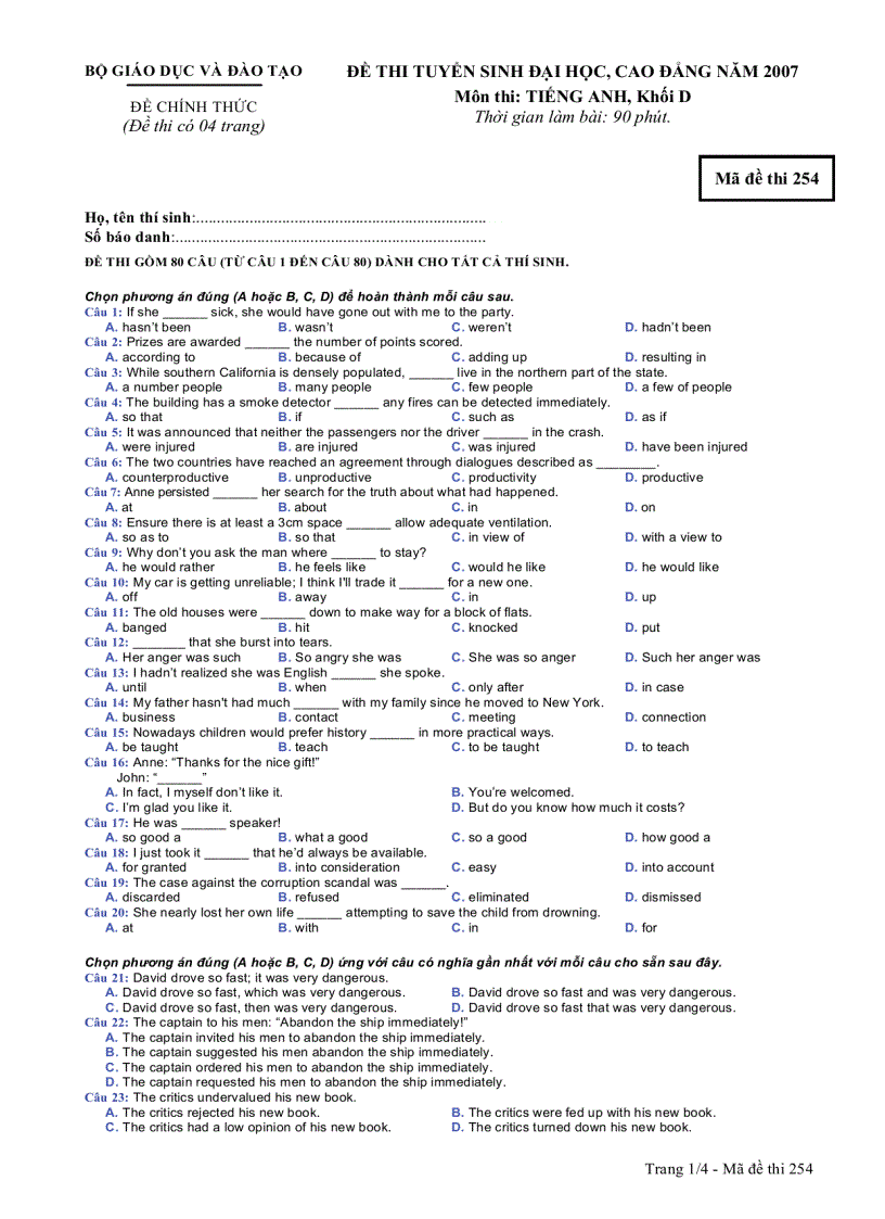 image for page Đáp án môn anh văn khối D năm 2007