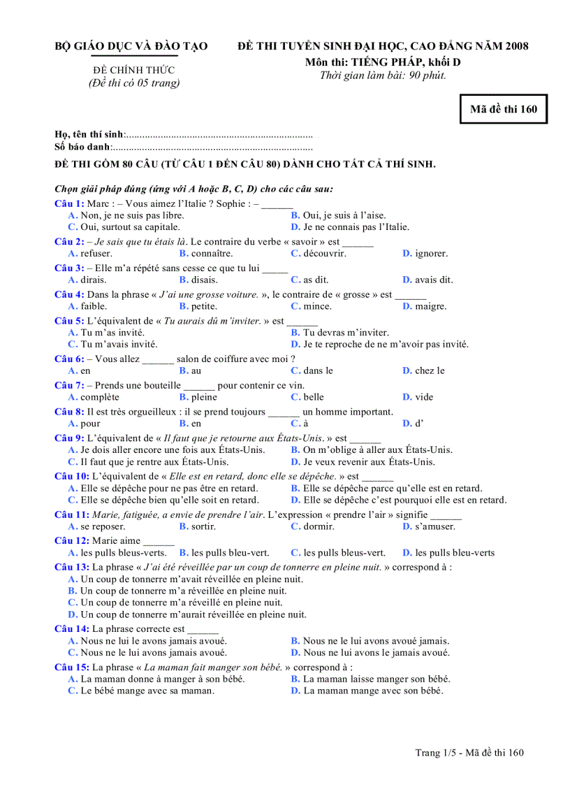 image for page Đề thi môn tiếng Pháp khối D năm 2008