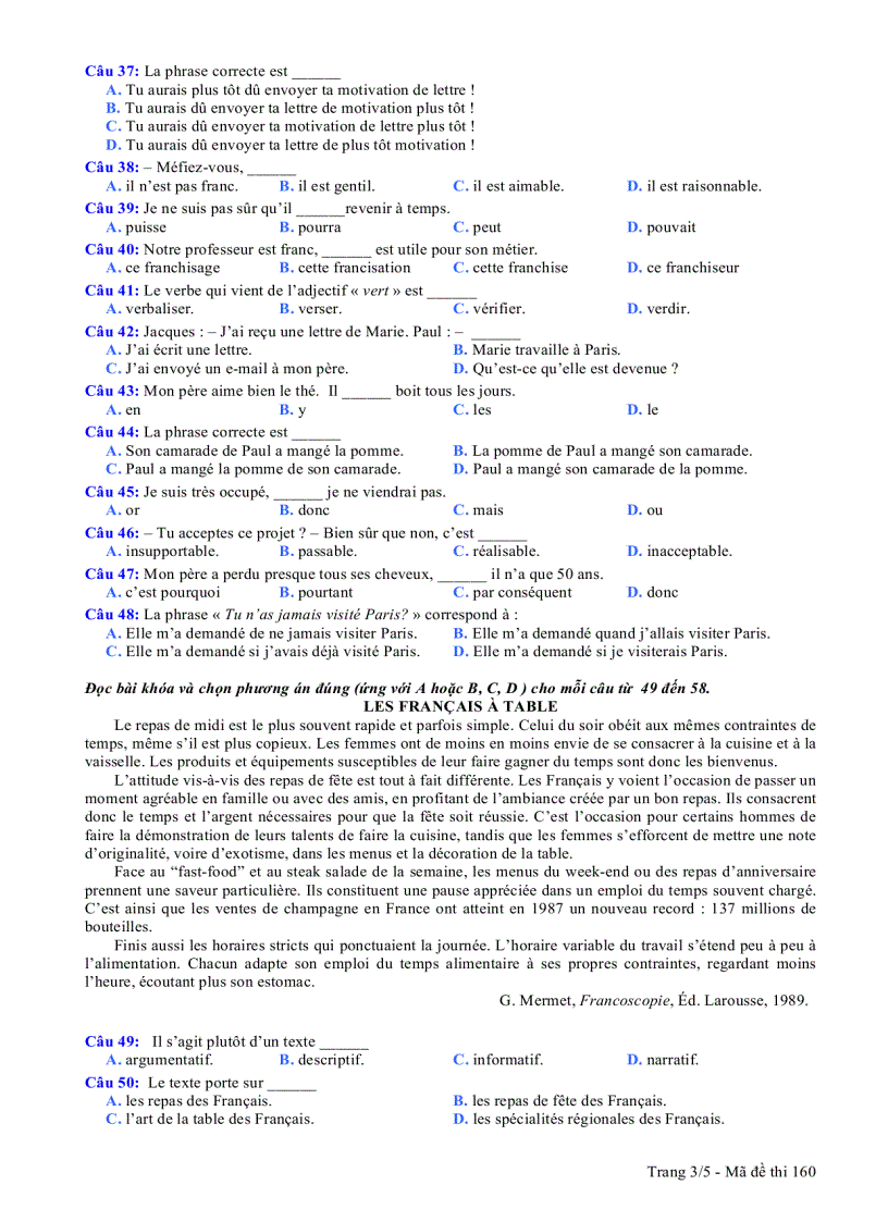 image for page Đề thi môn tiếng Pháp khối D năm 2008