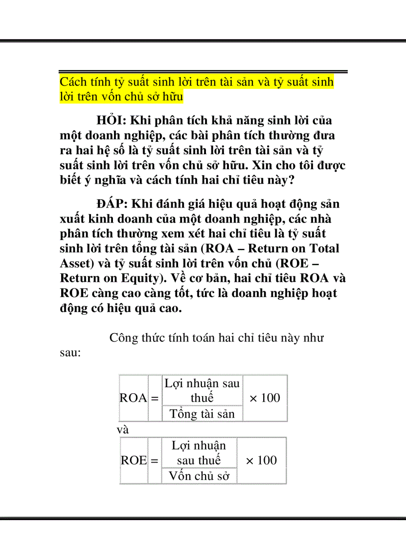image for page Cách tính tỷ suất sinh lời trên tài sản và tỷ suất sinh lời trên vốn chủ