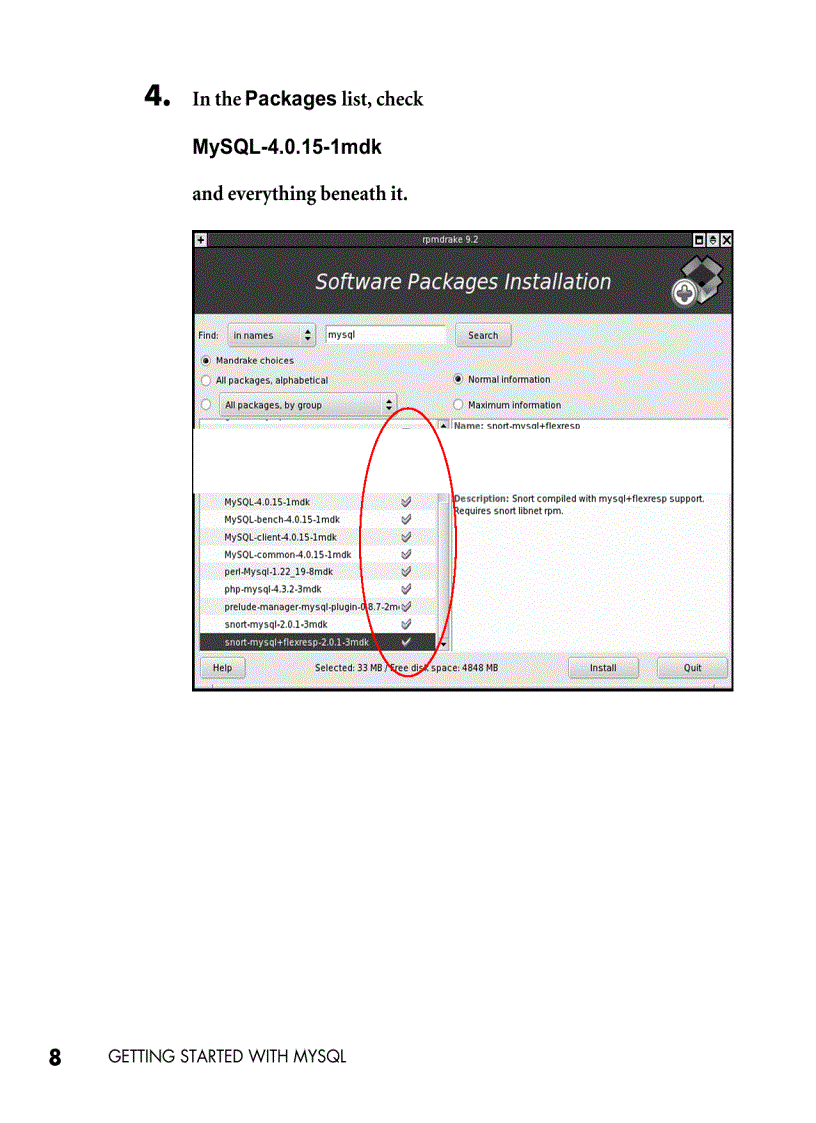 image for page In the Packages list check MySQL 4 0 15 1mdk