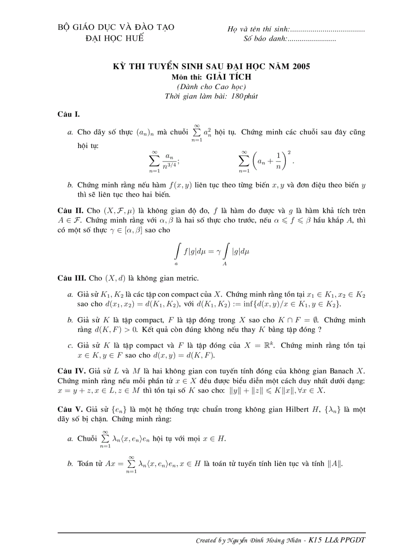 Đề thi cao học Huế từ 2005 đến 2007 môn giải tích
