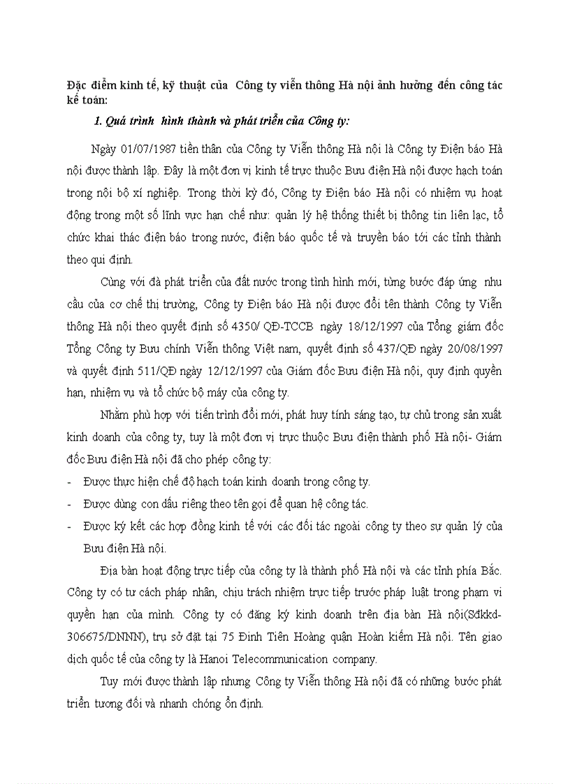 image for page Đặc điểm kinh tế kỹ thuật của Công ty viễn thông Hà nội ảnh hưởng đến công tác kế toán