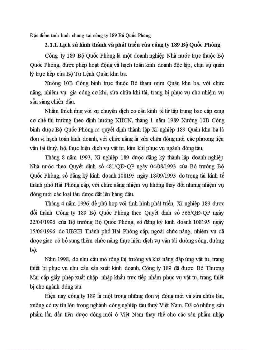 image for page Đặc điểm tình hình chung tại công ty 189 Bộ Quốc Phòng