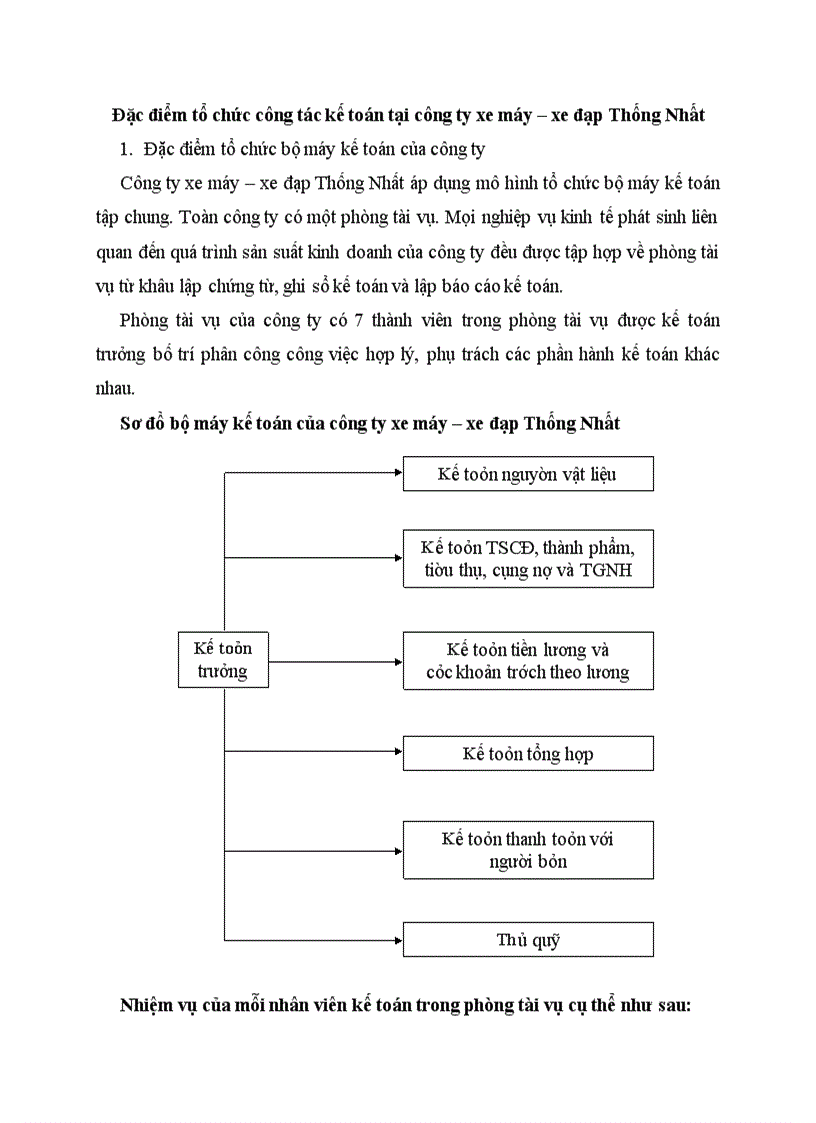 Đặc điểm tổ chức công tác kế toán tại công ty xe máy xe đạp Thống Nhất