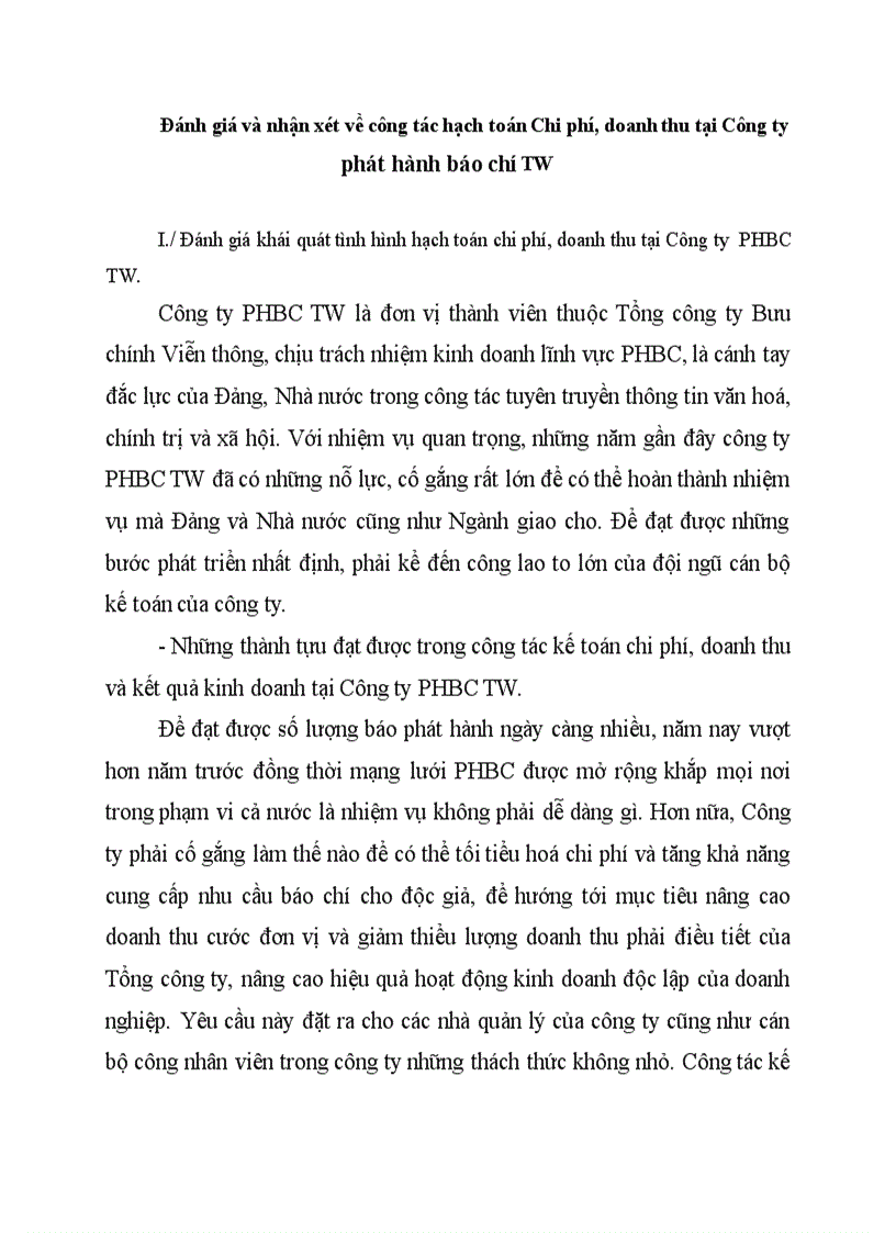 image for page Đánh giá và nhận xét về công tác hạch toán Chi phí doanh thu tại Công ty phát hành báo chí TW