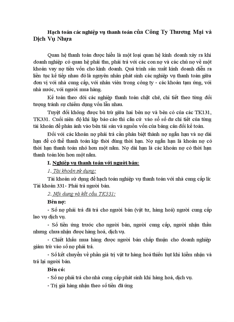 image for page Hạch toán các nghiệp vụ thanh toán của Công Ty Thương Mại và Dịch Vụ Nhựa