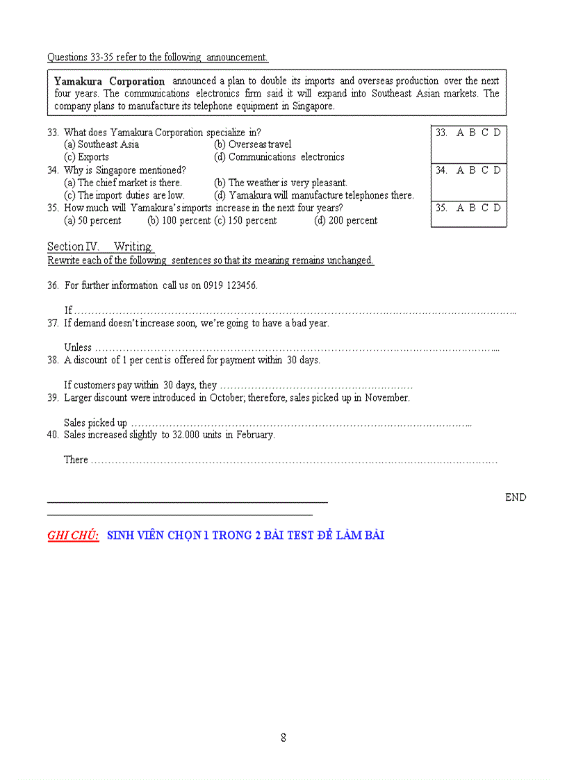 image for page Bộ đề kiểm tra điều kiện Học viện Bưu chính viễn thông Đề 5 Tiếng anh chuyên ngành QTKD