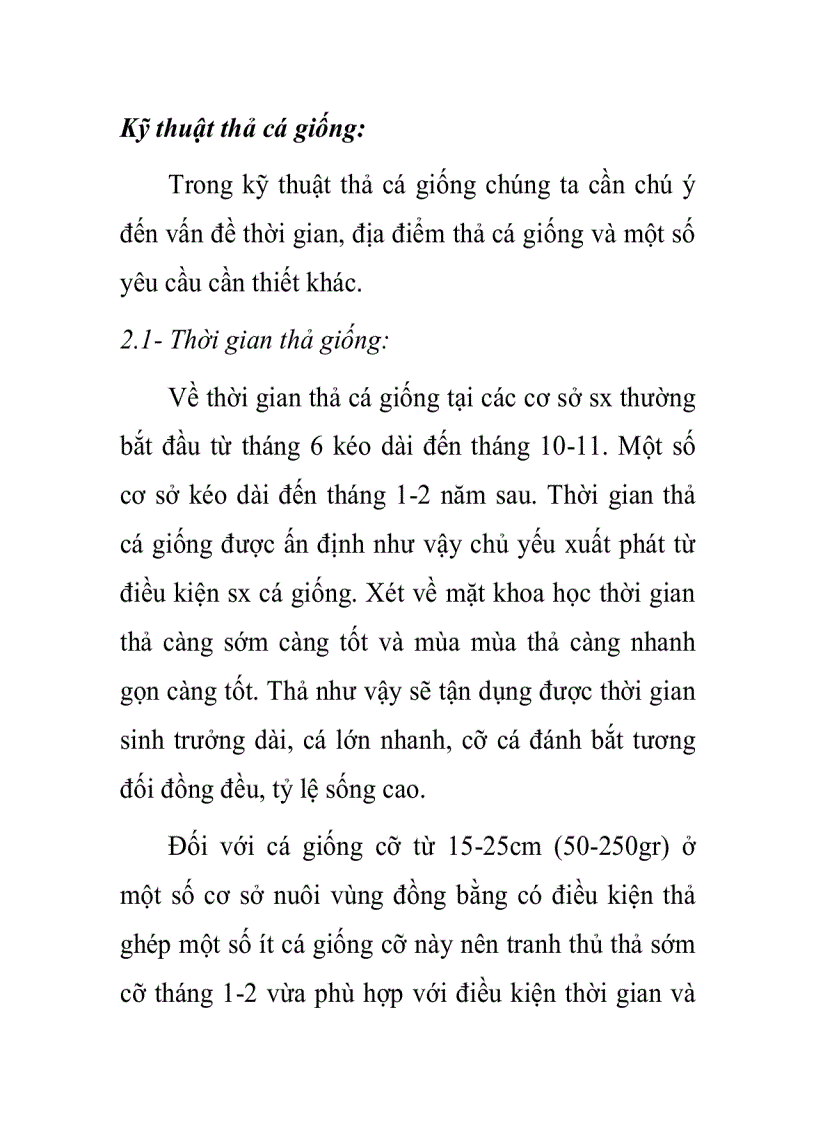 Kỹ thuật thả cá giống