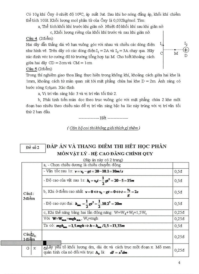 Đề thi hết học phần Vật lí đại cương Hệ cao đẳng