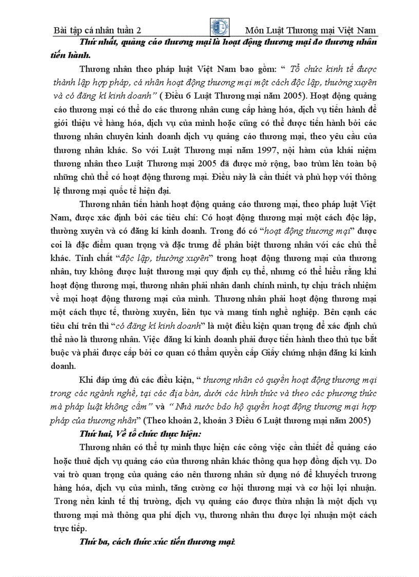 image for page Cá nhân tuần 2 Thương mại 2 Phân tích khái niệm và đặc điểm của quảng cáo thương mại