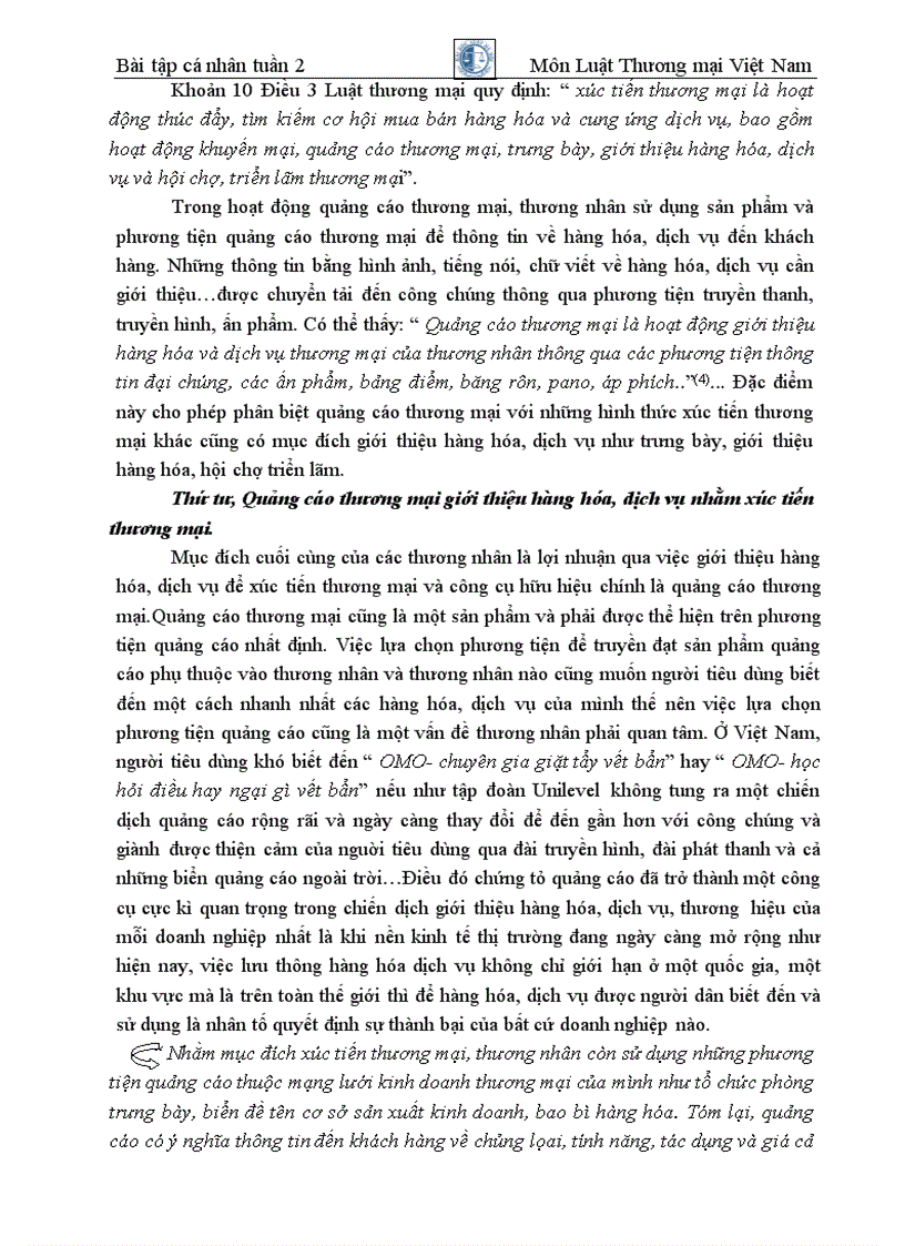 image for page Cá nhân tuần 2 Thương mại 2 Phân tích khái niệm và đặc điểm của quảng cáo thương mại