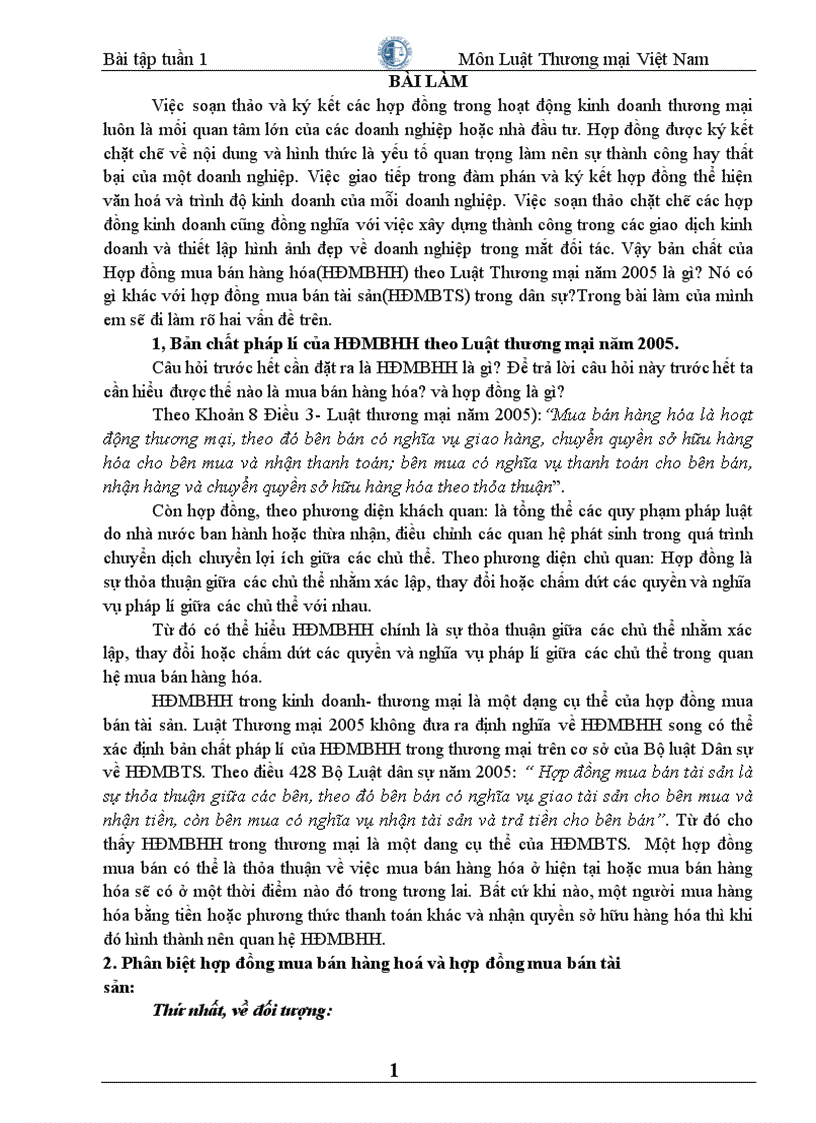 Bản chất pháp lí của HĐMBHH theo Luật thương mại năm 2005 phân biệt với hợp đồng mua bán tài sản HĐMBTS trong dân sự