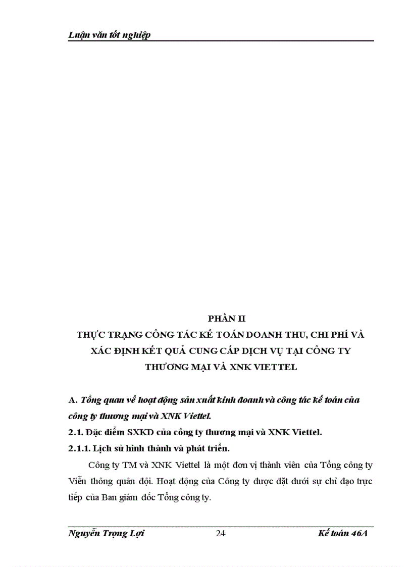 image for page Hoàn thiện kế toán chi phí doanh thu và xác định kết quả kinh doanh dịch vụ tại Công ty thương mại và xuất nhập khẩu Viettel