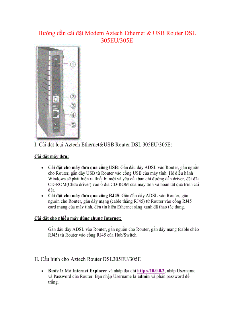 image for page Hướng dẫn cài đặt Modem Aztech Ethernet USB Router DSL 305EU 305E