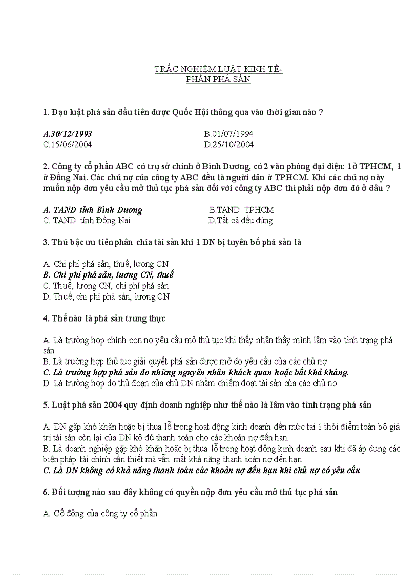 image for page Trắc nghiệm Luật Kinh tế phần Phá sản 1