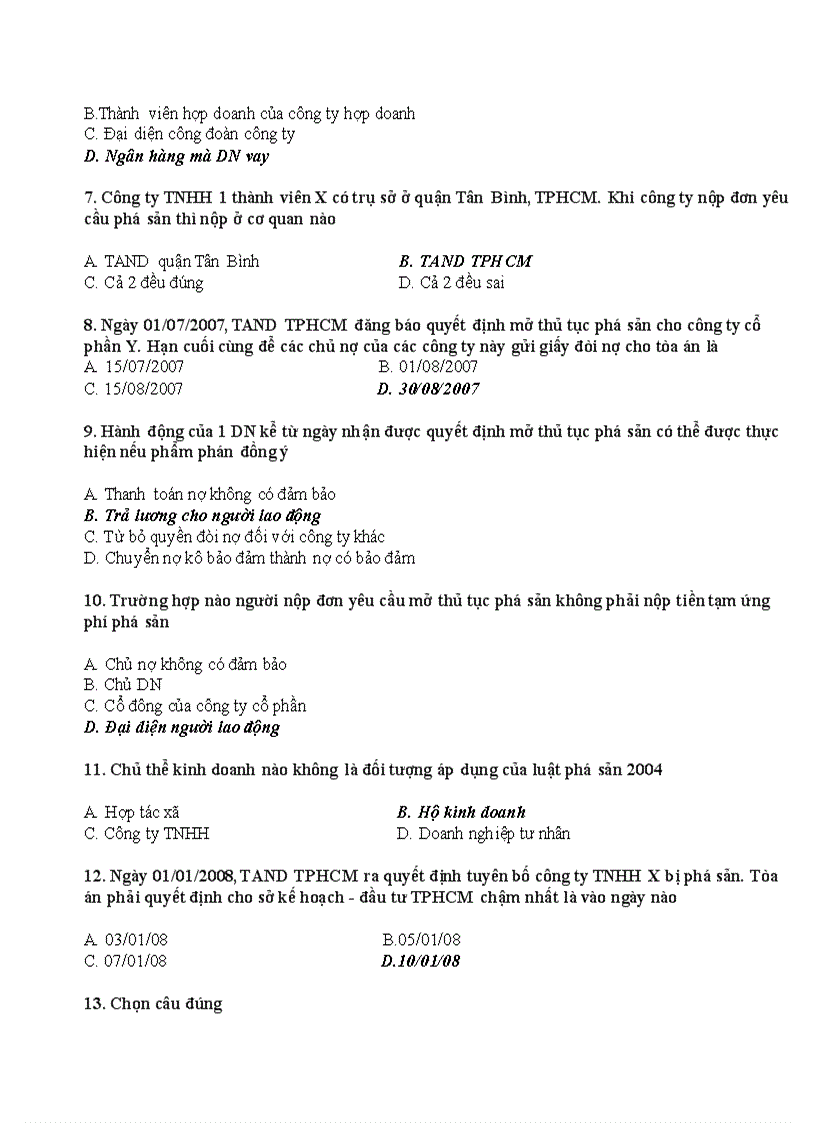 image for page Trắc nghiệm Luật Kinh tế phần Phá sản 1