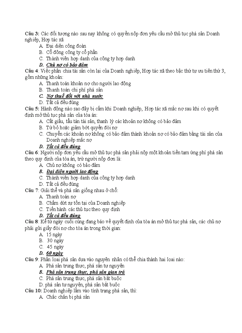 image for page Trắc nghiệm Luật Kinh tế phần Phá sản 1