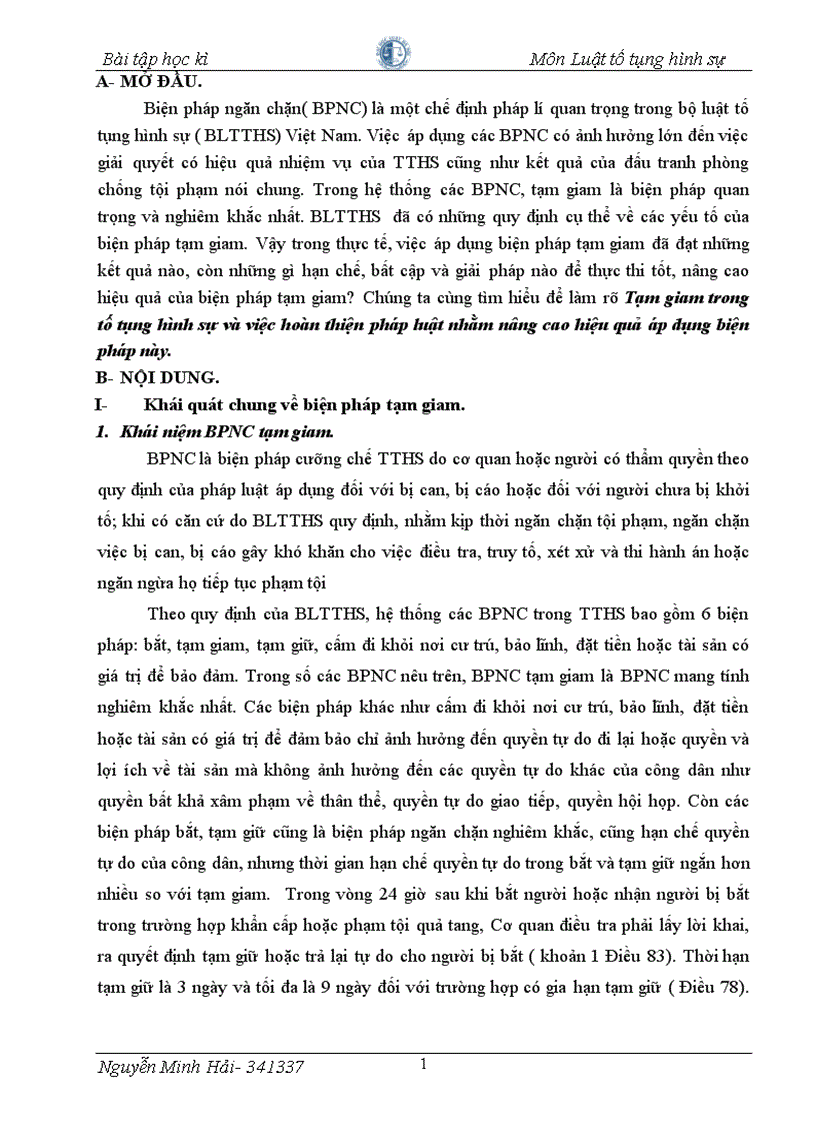 image for page Bài tập học kỳ tố tụng hình sự Tạm giam trong tố tụng hình sự và việc hoàn thiện pháp luật nhằm nâng cao hiệu quả áp dụng biện pháp này
