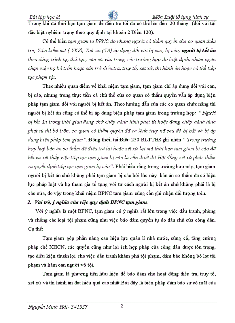 image for page Bài tập học kỳ tố tụng hình sự Tạm giam trong tố tụng hình sự và việc hoàn thiện pháp luật nhằm nâng cao hiệu quả áp dụng biện pháp này