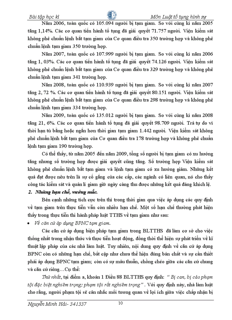 image for page Bài tập học kỳ tố tụng hình sự Tạm giam trong tố tụng hình sự và việc hoàn thiện pháp luật nhằm nâng cao hiệu quả áp dụng biện pháp này