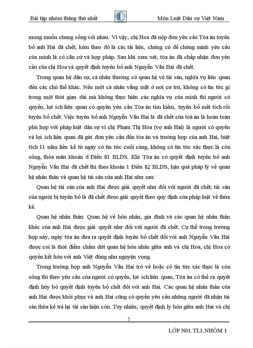 image for page Tiểu luận nhóm tháng dân sự 1 Tìm hiểu 03 vụ việc có thật liên quan đến việc tuyên bố chết của một người là đã chết