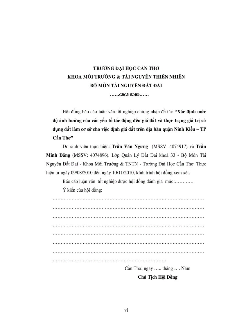 image for page Xác định mức độ ảnh hưởng của các yếu tố tác động đến giá đất và thực trạng giá trị sử dụng đất làm cơ sở cho việc định giá đất trên địa bàn quận ninh kiều thành phố cần thơ