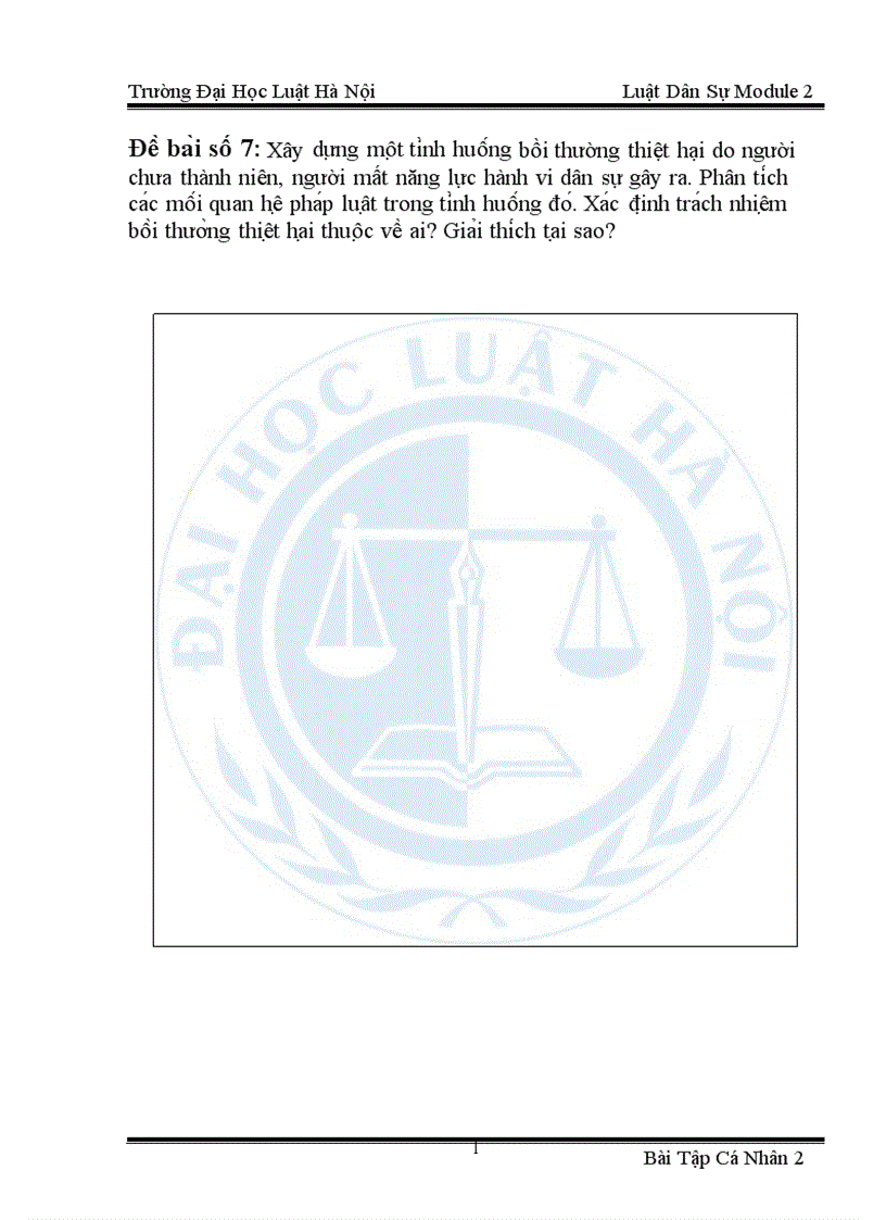 image for page Xây dựng một tình huống bồi thường thiệt hại do người chưa thành niên người mất năng lực hành vi dân sự gây ra Phân tích các mối quan hệ pháp luật trong tình huống đó Xác định trách nhiệm b