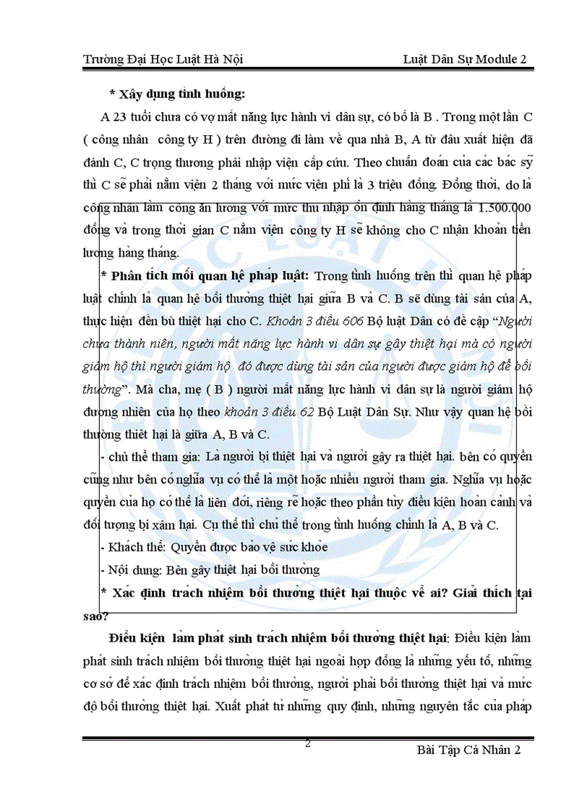 image for page Xây dựng một tình huống bồi thường thiệt hại do người chưa thành niên người mất năng lực hành vi dân sự gây ra Phân tích các mối quan hệ pháp luật trong tình huống đó Xác định trách nhiệm b