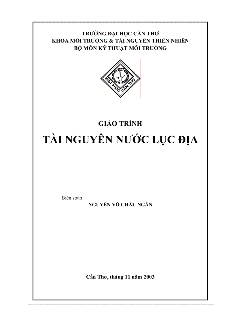 Giáo trình TÀI NGUYÊN NƯỚC LỤC ĐỊA